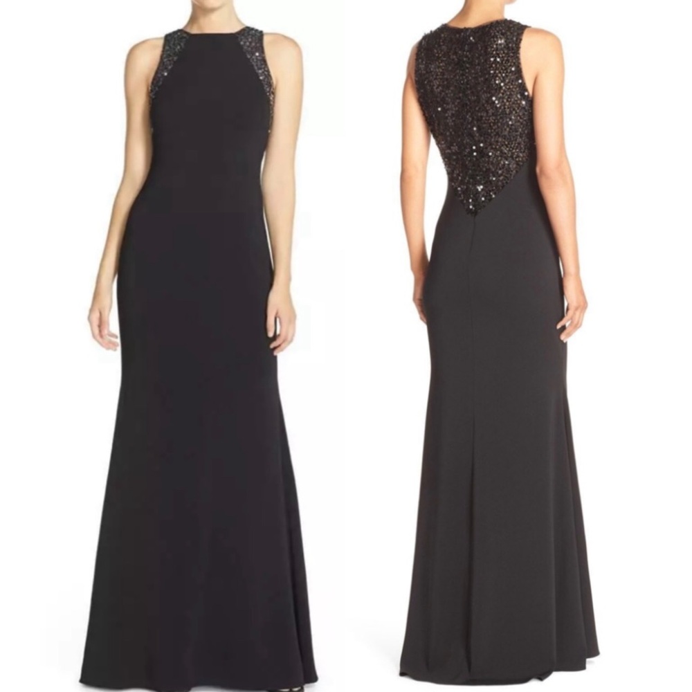 🔥Carmen Marc Valvo Formal Glam Sequins Maxi Fit & Flare Black Dress Women Size 8